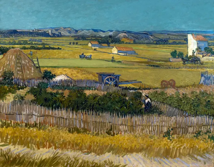 Harvest at La Crau, with Montmajour in the Background, by Vincent van Gogh, 1888, Netherlands, Europe