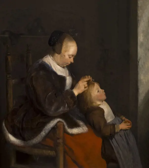 Mother Combing Her Child's Hair, Hunting for Lice, by Gerard ter Borch the Younger, circa 1652, Art Gallery, Mauritshuis Museum, The Hague, Netherlands, Europe