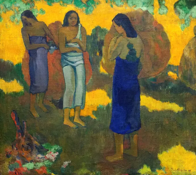 Russia, Saint Petersburg, State Hermitage Museum, Three tahitian women against yellow background, by Paul Gauguin, 1899