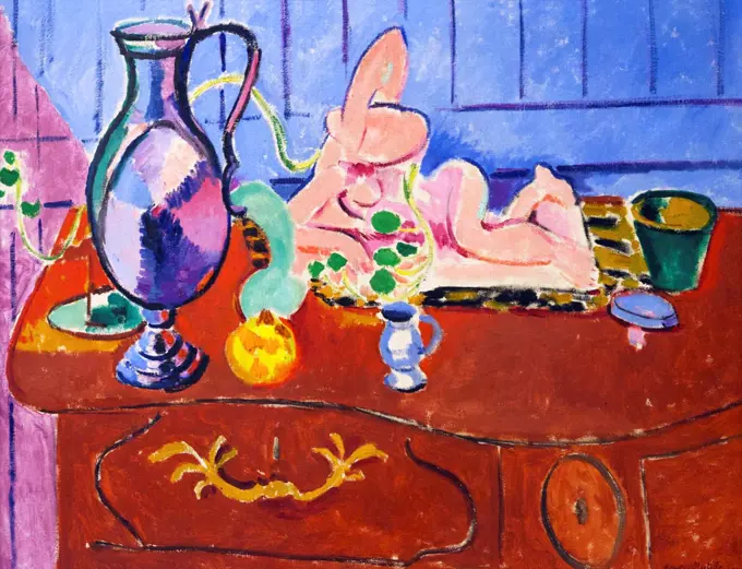 Russia, Saint Petersburg, State Hermitage Museum, Pink statuette and pitcher on red chest of drawers, by Henri Matisse, 1910