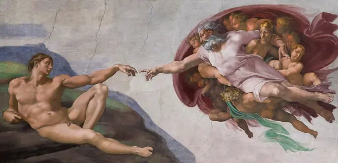 Creation of Adam fresco, ceiling of Sistine Chapel, by Buonarroti Michelangelo, 1511-1512, Vatican Museums, Rome, Italy,