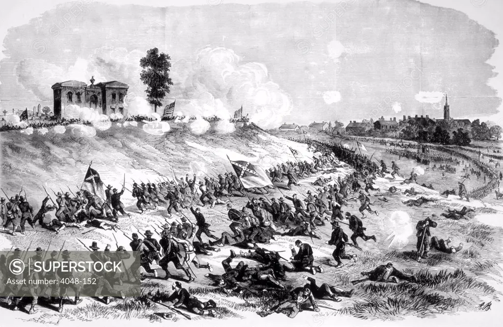 The Battle of Gettysburg, the charge of the Confederates on Cemetery Ridge, July 2, 1863, from Leslie's Weekly