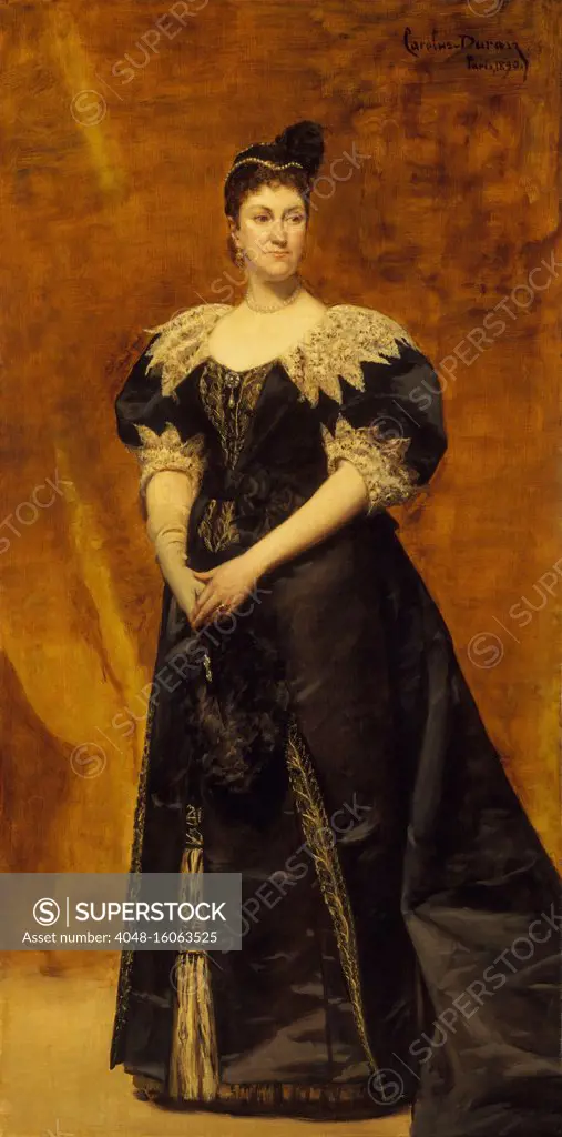 Mrs. William Astor, was born in 1831 as Caroline Webster Schermerhorn. In 1853, she married William Backhouse Astor Jr., a banker and grandson of John Jacob Astor. The 1890 oil painting is by French society portraitist, Carolus-Duran  (BSLOC_2018_3_67)