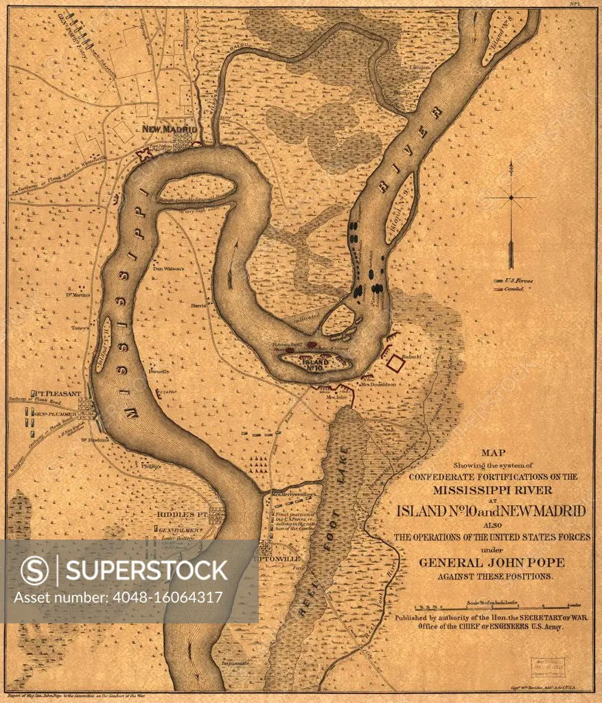 US Civil War, Map of the Battle of Island Number Ten, on the Mississippi River, Feb. 28-April 8, 1862. Also called the Battle of New Madrid, it ousted the Confederates holding the strategic site, opening the river for Union invasion of the South  (BSLOC_2018_7_34)