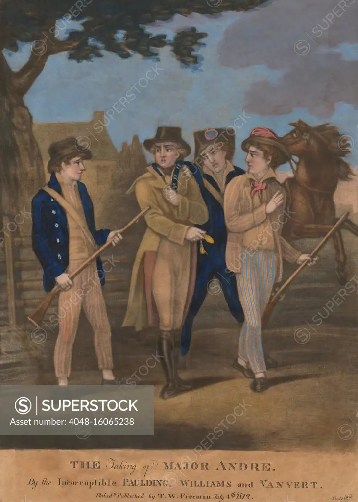 American Revolution. Capture of John Andrew Andre, Sept. 23, 1780. Andre mistook his Patriot captors as Tories because one wore a Hessian soldier's overcoat. After behaving suspiciously, Andre offered them a bribe, if they would let him go, which they refused. André's captors were John Paulding, David Williams, and Isaac Van Wart. The United States Congress gave each of them a pension of $200 a year, and they were honored with a medal, the Fidelity Medallion  (BSLOC_2019_3_165)