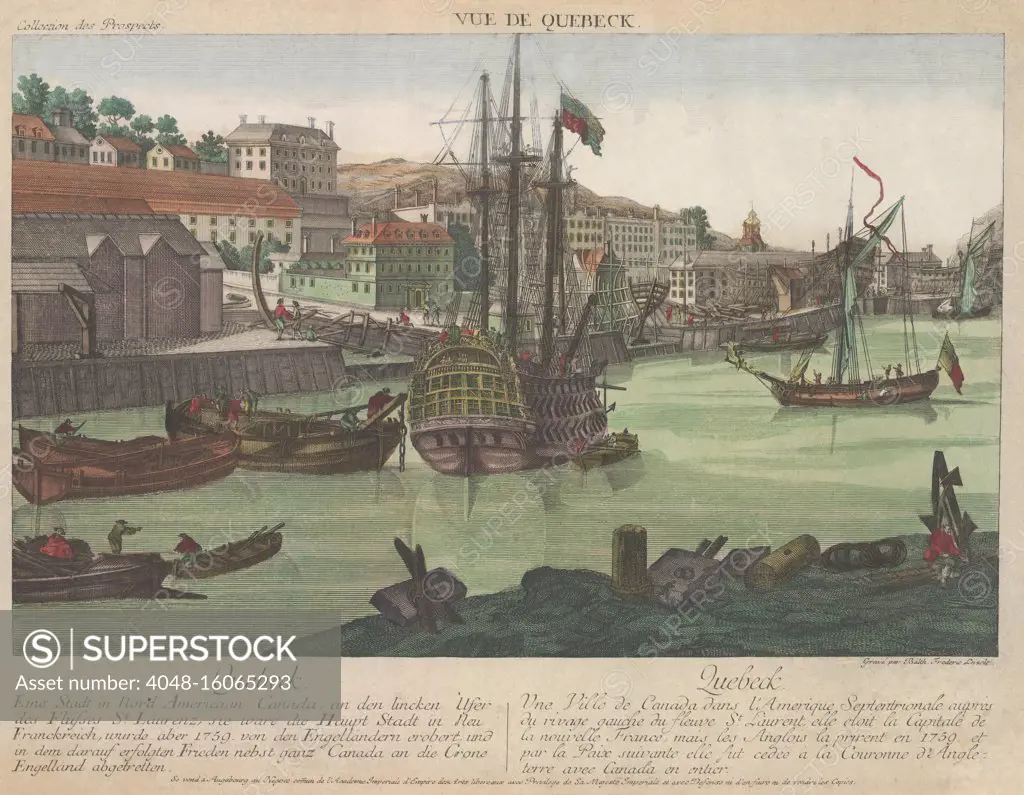 Quebec City, c. 1770, on the St, Lawrence River, was the capital of New France. It was taken by British forces in 1759 and ceded, with Canada, to the Britain in the 1763 Treaty of Paris  (BSLOC_2019_3_22)