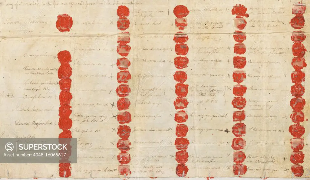 Treaty of Konondaiqua (Canandaigua), between the United States and the Tribes of Indians Called the Six Nations at Konondaiqua, New York, was signed on Nov. 11, 1794. It was one of the earliest US treaties with a Native Nation. The detail shows each Native delegate's name and an 'X' mark beside his name. Among the signatures are those of Cornplanter, Red Jacket, and Handsome Lake. President George Washington signed at bottom right. The Treaty restored to the Six Nations lands in western New York State that had been ceded by the Fort Stanwix Treaty  (BSLOC_2019_5_35)