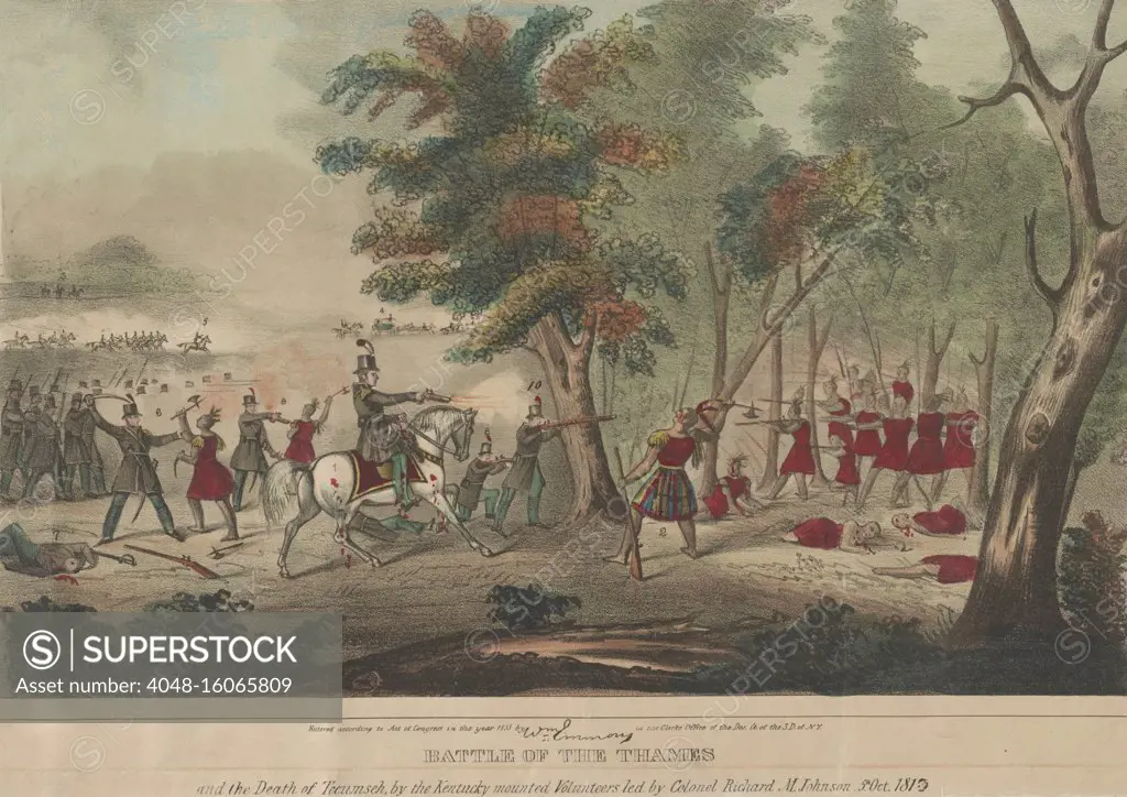 War of 1812. Battle of the Thames, aka Battle of Moraviantown, Oct. 5, 1812. The death of Tecumseh, at the hands of the Kentucky mounted volunteers, led by Colonel Richard Johnson. In center mounted Col. Johnson (1) and Tecumseh (2) exchange shots, resulting in wounds to Johnson, and death to Tecumseh. In the distance, British General Henry Procter (4) leaves the field in a coach with Lt. Col. James Johnson (5) in pursuit. In the far distance left (3) are Gen. Harrison, Com. Oliver Perry, and General Cass  (BSLOC_2019_6_62)