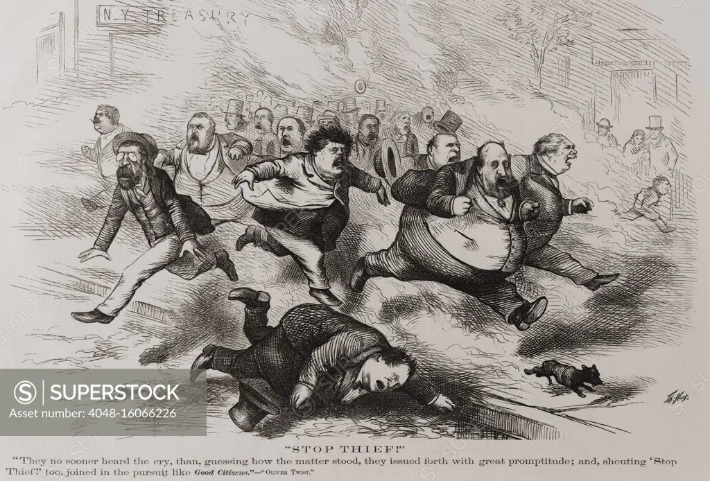 'Stop thief!'. Political cartoon by Thomas Nast for Harper's Magazine, Oct. 7, 1871. William 'Boss' Tweed and members of his ring, Peter B. Sweeny, Richard B. Connolly, and A. Oakey Hall, join a crowd in pursuit of a thief, while each fear they are the object of the hue and cry. Below the cartoon is a passage from Dickens', OLIVER TWIST, 'They no sooner heard the cry, than, guessing how the matter stood, they issued forth with great promptitude; and, shouting 'Stop Thief!' too, joined in the pursuit like Good Citizens.'  (BSLOC_2019_8_114)