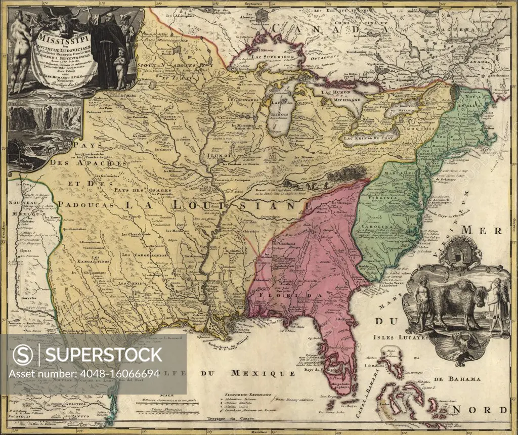 Map of central and eastern North America representing the New France before the French and Indian War (1755-63): French (yellow), Spanish (pink) and English (Green). Explorers Joliet and Marquette, La Salle, and Louis Hennepin established France's claim for extensive territory in central North American in the 17th century. LaSalle named it 'Louisiana' for the King Louis XIV during his exploration of the Great Lakes region of the United States and Canada, the Mississippi River, and the Gulf of Mexico. Cartouche include Hennepin's depictions of Niagara Falls and the American Bison. Map is by German Cartographer, Johann Baptist Homann, (1663-1724)  (BSLOC_2020_1_135)