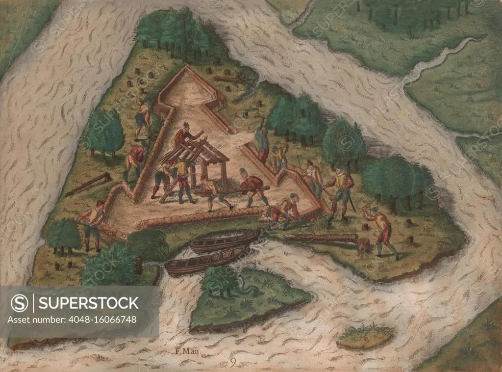 The French Huguenots, led by Rene de Laudonniere, build a triangular fort on the River May, to guard their anticipated colony French colony of Fort Caroline in 1564. It was located in present-day Jacksonville, Florida. In 1564 the settlement was destroyed by the Spanish army under Pedro Menendez de Aviles, along with most of its garrison and colonists, a total of over 500 people. Hand colored engraving published by Theodor de Bry in 1591, after a painting by Jacque Le Moyne  (BSLOC_2020_1_184)