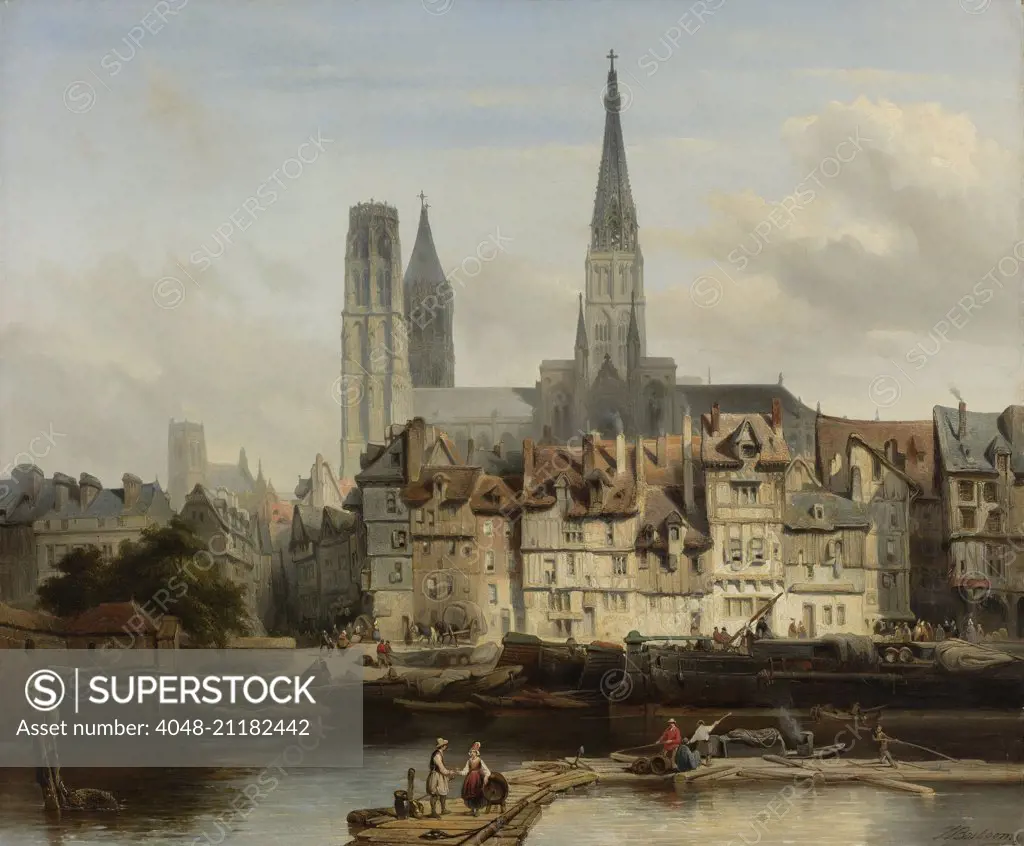 The Quay de Paris in Rouen, by Johannes Bosboom, 1839, Dutch painting, oil on canvas. Wharf with moored ships, wagons, and people on the Siene river, with gothic cathedral of Rouen in the background. (BSLOC_2016_1_121)