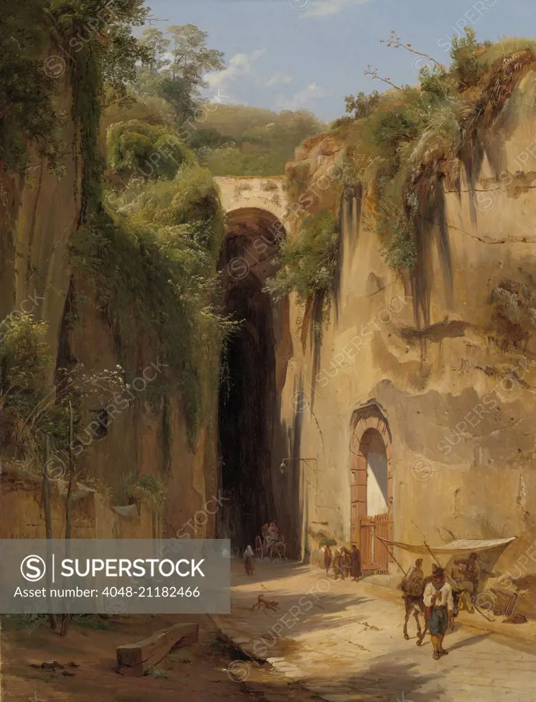 The Grotto of Posillipo at Naples, by Antonie Sminck Pitloo, 1826, Dutch painting, oil on canvas. The far end of the 2,200 foot long grotto is indicated with light spot. Pedestrians and carts travel through as a vender under a shade awaits tourists. (BSLOC_2016_1_145)