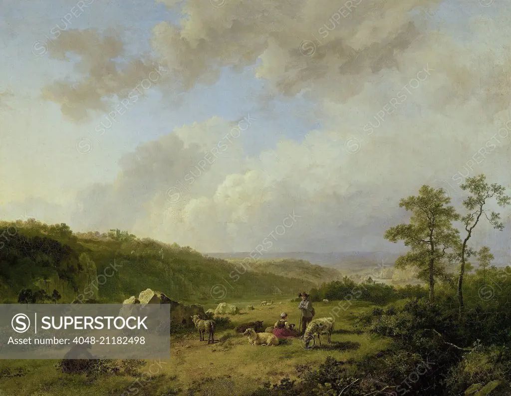 Landscape with an Approaching Rainstorm, by Barend Cornelis Koekkoek, 1825-29, oil on canvas. Picturesque shepherds in the foreground and idealized space link landscape to Romanticism. (BSLOC_2016_1_173)