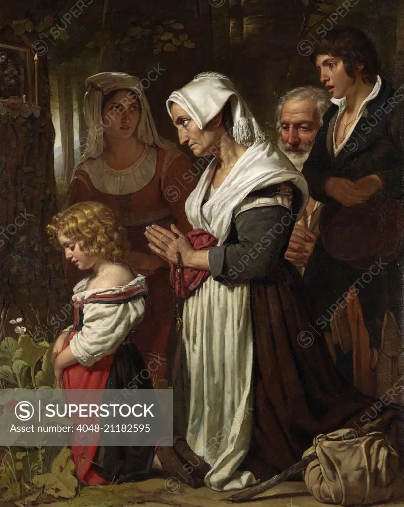 Piety, by Cornelis Kruseman, 1823, Dutch painting, oil on canvas. A group of people praying at a Marian shrine along a path in a forest, includes a woman kneeling with a rosary. Knapsack on a stick suggest the group are pilgrims. (BSLOC_2016_1_26)