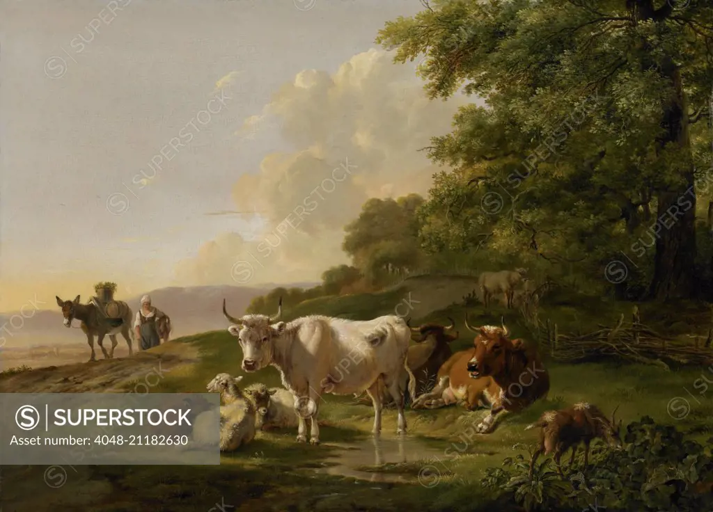 Landscape with Cattle, by Pieter Gerardus van Os, 1806, Dutch painting, oil on panel. Woman peasant on road with a loaded donkey. In foreground is a group of animals with cows, sheep, and a goat. (BSLOC_2016_1_290)