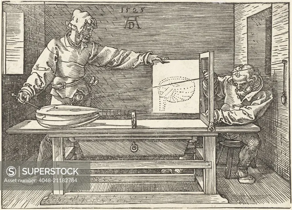 An Artist Draws a Lute, by Albrecht Durer, 1525, print, engraving. Artist conducting an experiment in rendering a lute in linear perspective (BSLOC_2016_2_124)