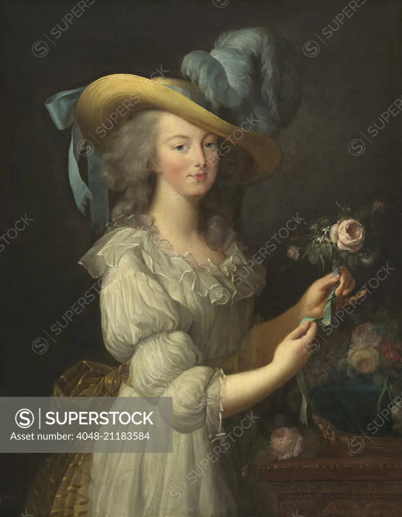 Marie-Antoinette, by Elisabeth-Louise Vigee Le Brun, 1783, French painting,  oil on canvas. The tragic guillotined French Queen was played by Norma  Shearer in the 1938 film, MARIE ANTOINETTE, and by Kirsten Dunst