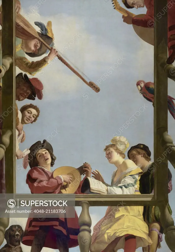 Musical Group on a Balcony, by Gerrit van Honthorst, 1622, Dutch painting, oil on canvas. Festive singers look down from around a balcony while playing musical instruments. This illusionistic ceiling panel was the earliest of its type made in the Netherla (BSLOC_2016_6_155)