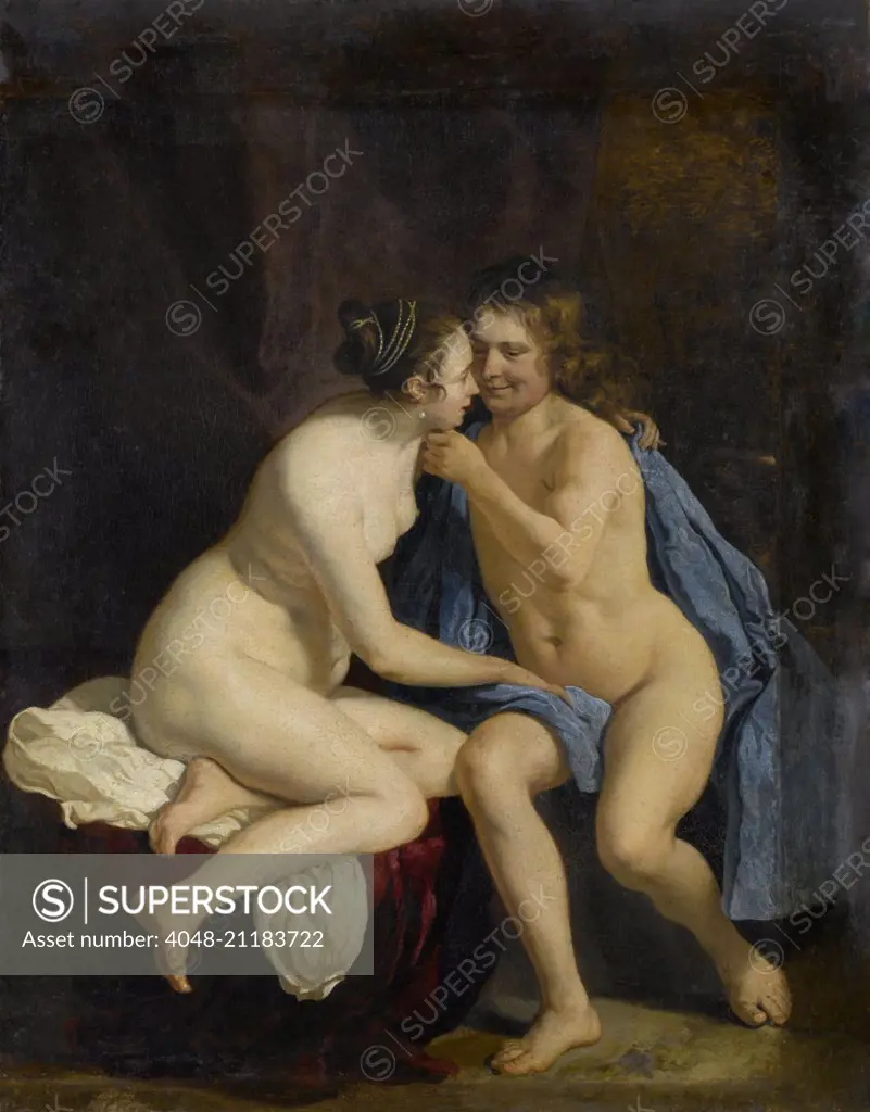 Lovers, by Jacob van Loo, 1650-60, Dutch painting, oil on canvas. Unclothed young man and woman caressing. In the 17th century Dutch Republic, realist paintings with secular themes dominated the arts. Elsewhere, this painting would have been presented as (BSLOC_2016_6_175)