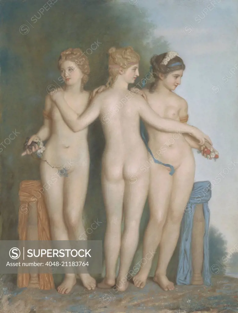 The Three Graces, by Jean-Etienne Liotard, 1737, Swiss painting, pastel on  parchment. Three naked women standing, with flowers and fruits in their  hands. It was drawn from ancient statues in the Galleria