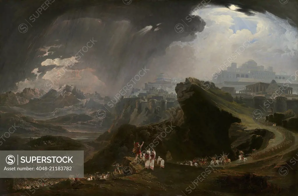 Joshua Commanding the Sun to Stand Still upon Gibeon, By John Martin, 1816, British painting, oil on panel. The biblical battle at Gibeon, part of the conquest of Canaan. God stopped the sun and also sent a storm to bombard the Canaanites with rain and ha (BSLOC_2016_6_225)