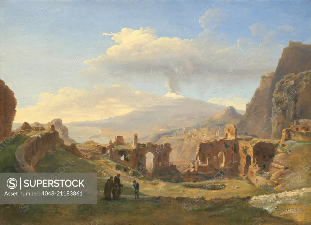 The Roman Theater at Taormina, by Louise-Josephine Sarazin de Belmont, 1828, French painting, oil on canvas. This work was painted early in her career, and was presented at the Salon of 1833 (BSLOC_2016_6_294)