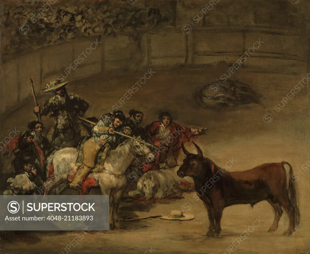 Bullfight, by Francisco Goya, 1824, Spanish painting, oil on canvas. In a bullring, the bull eyes the picador as other men fearfully try to distract the animal. Dying or wounded animals lie on the ground, and the bloody undersides of the picador's horse t (BSLOC_2016_6_324)