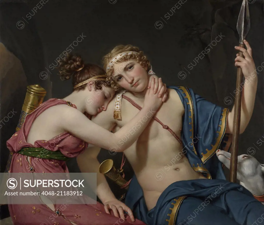 Farewell of Telemachus and Eucharis, by Jacques-Louis David, 1818, French painting, oil on canvas. Telemachus (right) was the son of Odysseus. His love, the nymph Eucharis cries, as he ends their romance to search his missing father (BSLOC_2016_6_4)