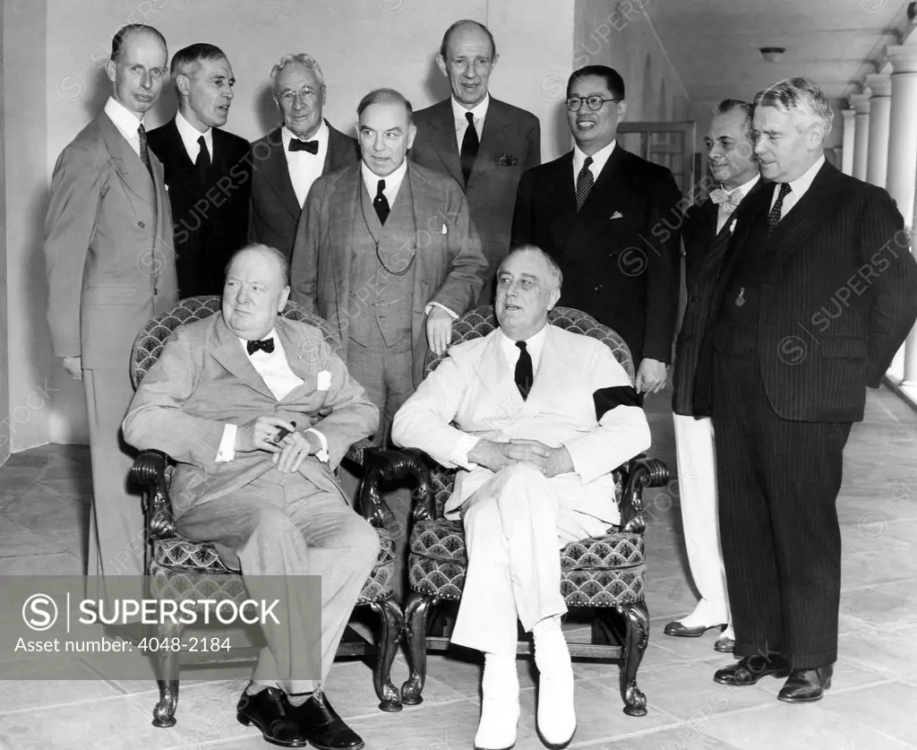 The Pacific War Council, front, l-r: Winston Churchill, President Franklin D. Roosevelt, back, l-r: Dr. Eelco Van Kleefens, Owen Dixon, Leighton McCarthy, W.L. Mackenzie King, Lord Halifax, Dr. T.V. Soong, Manuel Quezon, Walter Nash, Washington DC, June 25, 1942