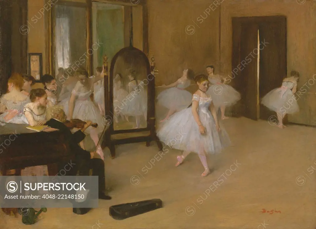 The Dancing Class, by Edgar Degas, 1870, French impressionist painting, oil on wood. This is Degas's first depiction of a dance class, painted from study drawings (BSLOC_2017_3_101)