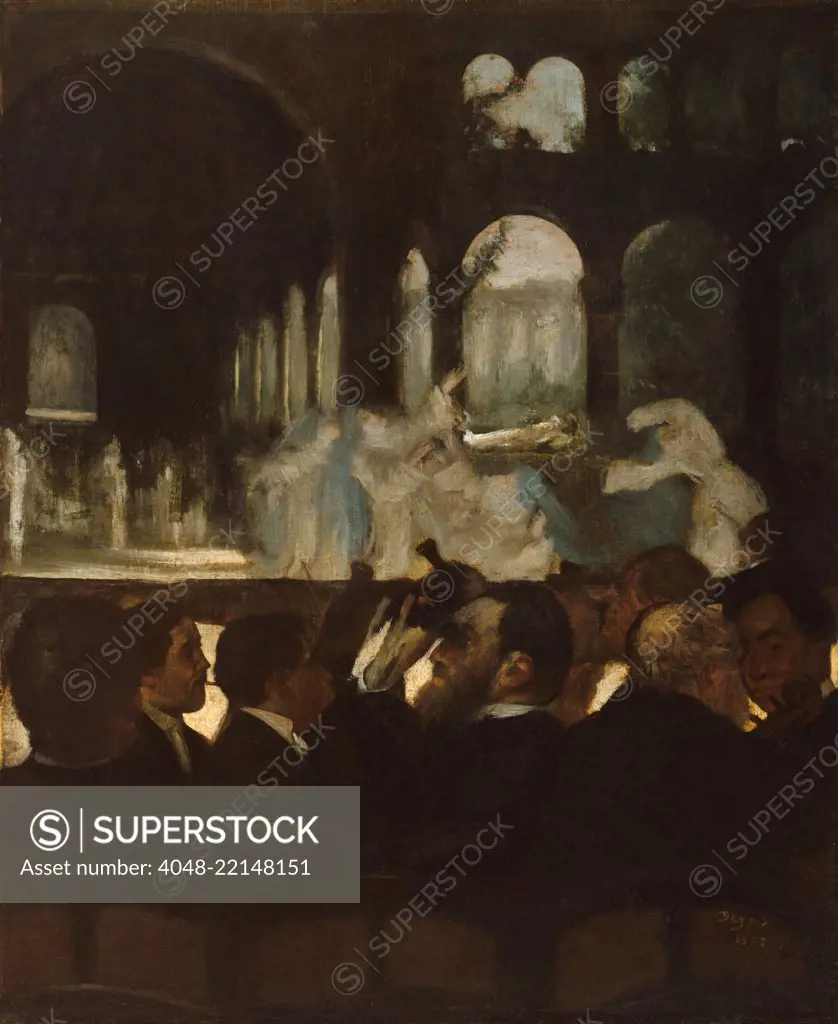 Ballet from 'Robert le Diable', by Edgar Degas, 1871, French impressionist painting, oil on canvas. The man with the binoculars looks into the audience, as nuns risen from the dead and dance amid the ruins of a monastery on stage (BSLOC_2017_3_102)