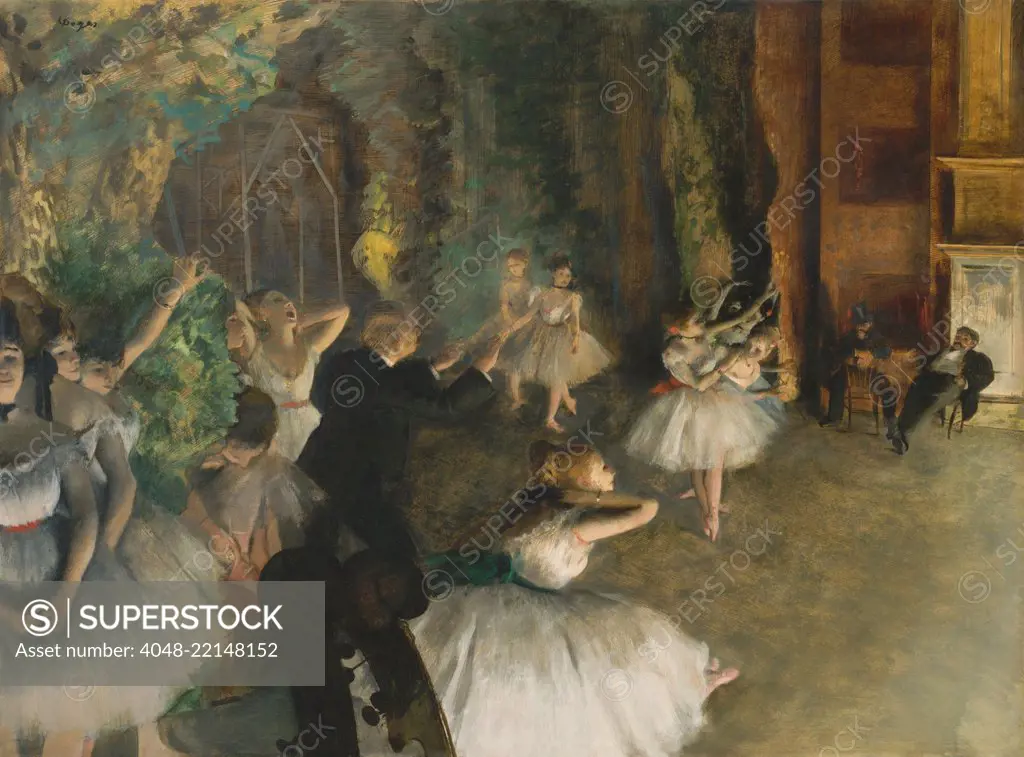 Rehearsal of the Ballet Onstage, by Edgar Degas, 1874, French impressionist mixed media drawing. Ballerinas stand in natural postures offstage, while men observe the dancers onstage. There are amusing cropped violin scrolls at lower left (BSLOC_2017_3_103)