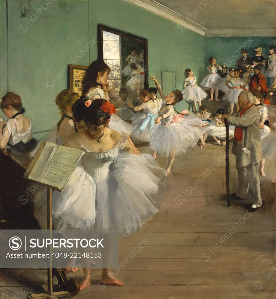 The Dance Class, by Edgar Degas, 1873, French impressionist painting, oil on canvas. Over twenty women, ballerinas and their mothers, wait while a dancer executes her examination. Jules Perrot, a famous ballet master, conducts the class (BSLOC_2017_3_105)