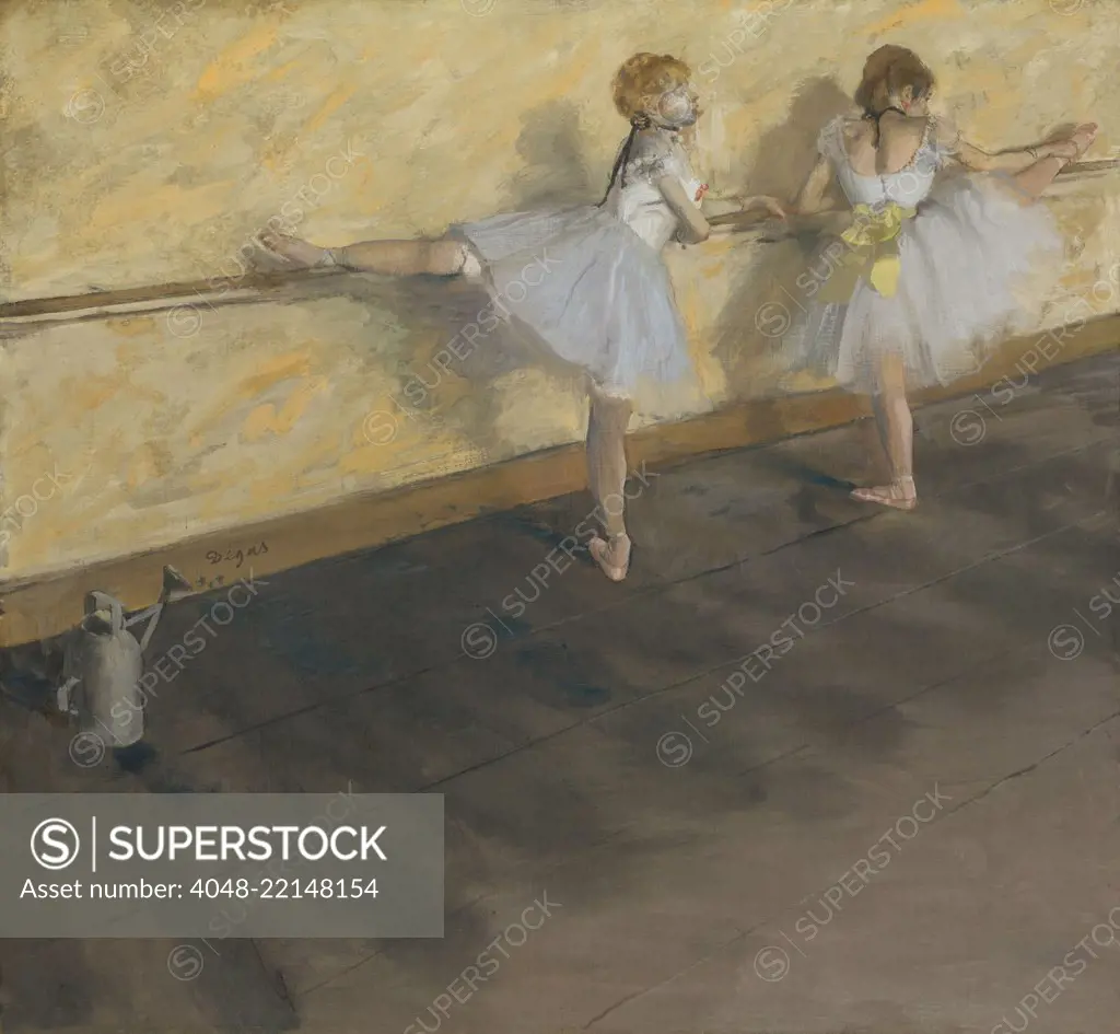 Dancers Practicing at the Barre, by Edgar Degas, 1874, French impressionist painting, on canvas. Louisine Havemeyer purchased this painting for $95,700 in 1912, setting a record price for a work by a living artist (BSLOC_2017_3_106)