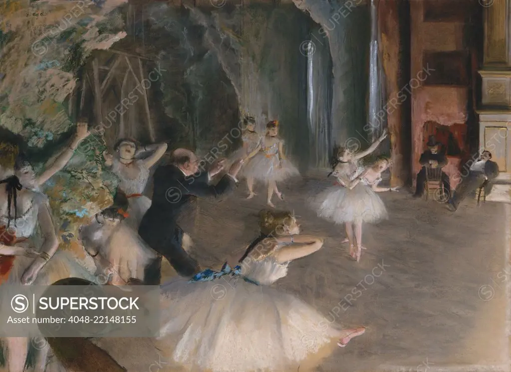 The Rehearsal Onstage, by Edgar Degas, 1874, French impressionist drawing, pastel on paper. In a second version of the rehearsal, Degas has eliminated several figures and created a less cluttered picture. There is only one cropped violin scroll at lower left (BSLOC_2017_3_104)