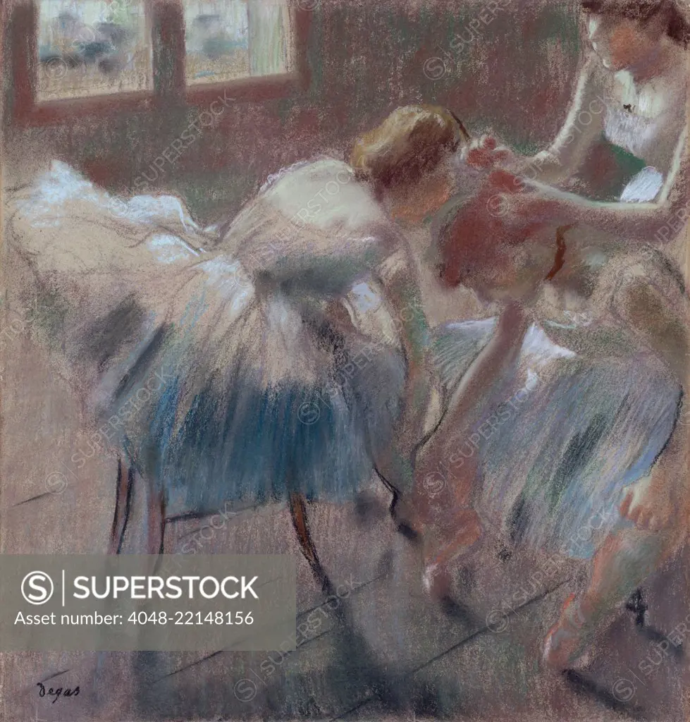 Three Dancers Preparing for Class, by Edgar Degas, 1878-90, French impressionist pastel drawing. The dancer on right is fifteen-year-old Melina Darde, a second-line dancer who never became a soloist (BSLOC_2017_3_107)