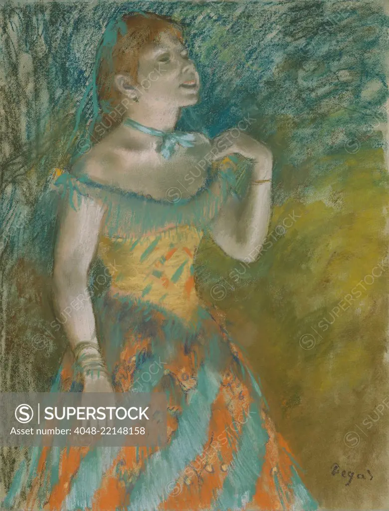 The Singer in Green, by Edgar Degas, 1884, French impressionist drawing, pastel on paper. Degas captures the specific gesture of the woman's upper torso and head as she sings (BSLOC_2017_3_109)