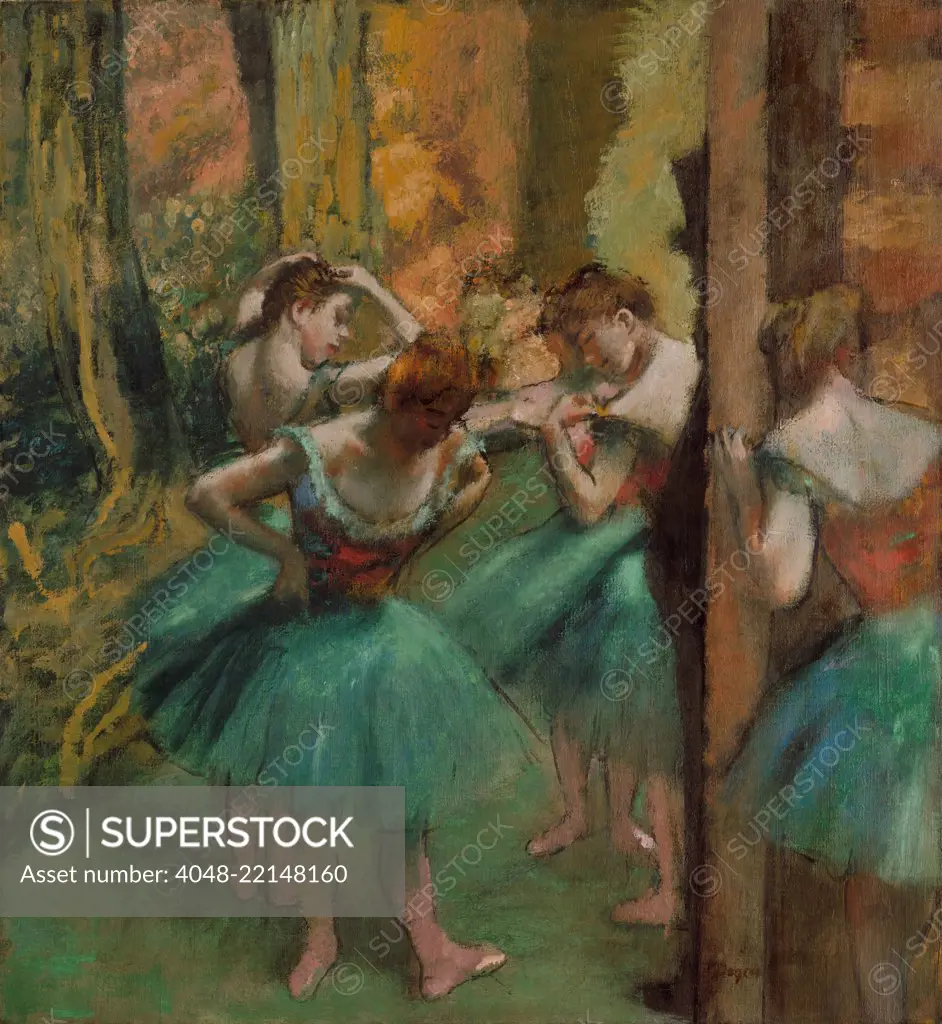 Dancers, Pink and Green, by Edgar Degas, 1890, French impressionist painting, oil on canvas. The dark profile shows a top-hatted patron of the Paris Opera, who was allowed to be watch the dancers in the wings during a performance (BSLOC_2017_3_110)