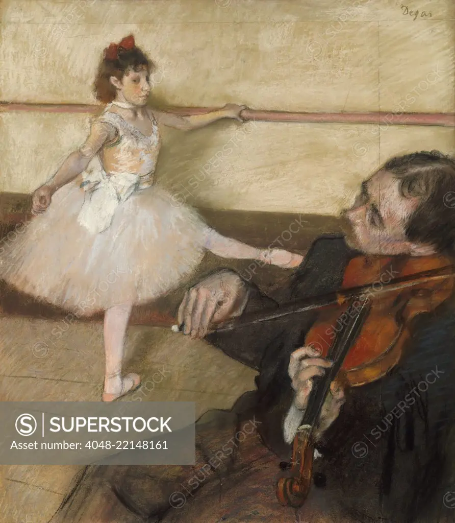 The Dance Lesson, by Edgar Degas, 1879, French impressionist drawing, pastel on paper. Degas added a panel of paper at top and on right to incorporate the violin player (BSLOC_2017_3_108)