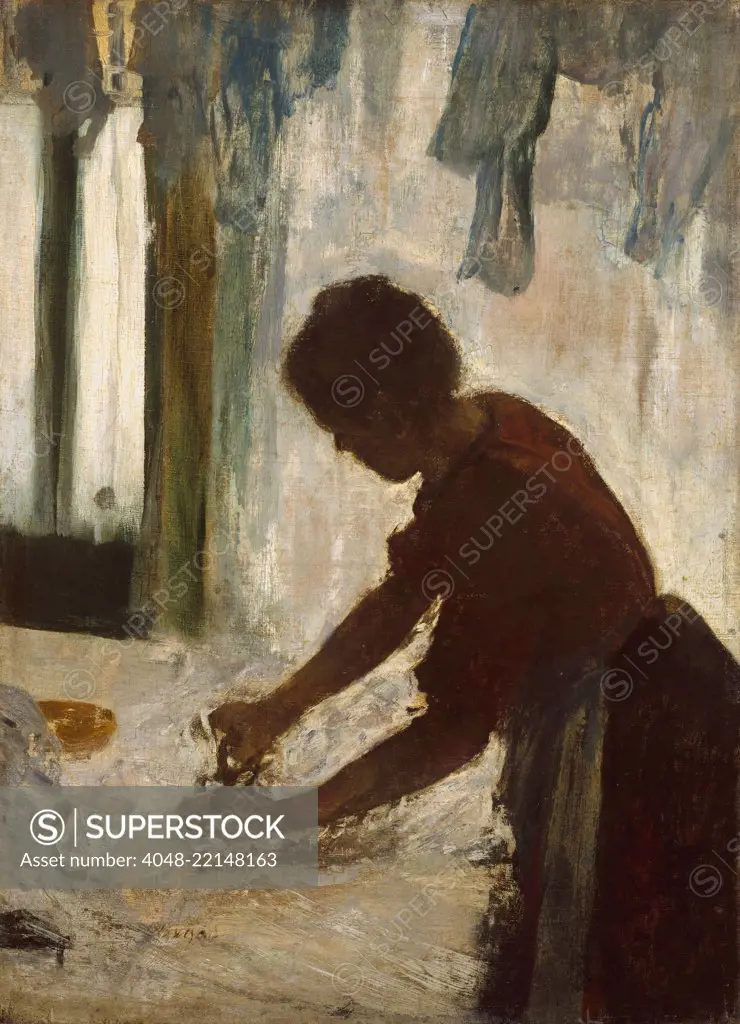 A Woman Ironing, by Edgar Degas, 1873, French impressionist painting, oil on canvas. As with dancers, Degas painted the repetitive, specialized gestures made by laundresses (BSLOC_2017_3_113)