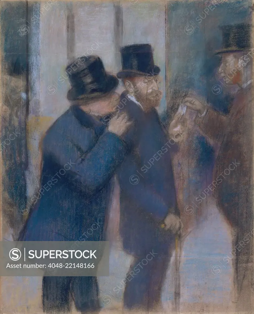 Portraits at the Stock Exchange, by Edgar Degas, 1879, French impressionist pastel drawing. Preliminary study for a painting of the Jewish financier and collector Ernest May (center), under the portico of the Paris Stock Exchange (BSLOC_2017_3_114)