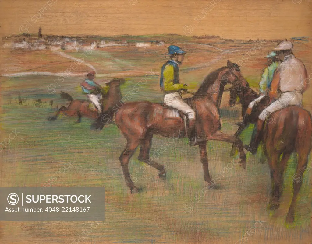 Race Horses, by Edgar Degas, 1885-88, French impressionist drawing, pastel on wood. Degas applied the pastel directly on a wood panel, allowing the bare wood to represent the sky (BSLOC_2017_3_117)