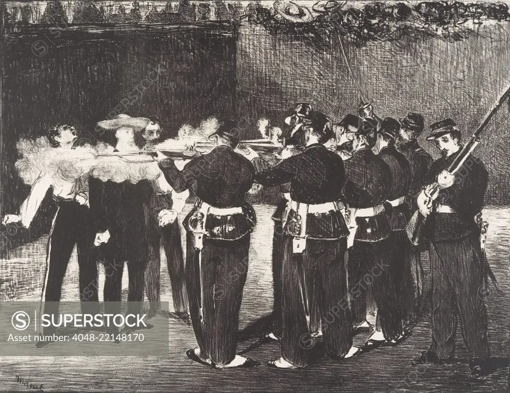 Execution of the Emperor Maximilian, by Edouard Manet, 1868, French Impressionist lithograph print. The Hapsburg prince was installed as monarch of Mexico by the French in 1864, while the US was embroiled in Civil War. Mexicans loyal to deposed president Benito Juarez ousted and executed him in 1867 (BSLOC_2017_3_12)