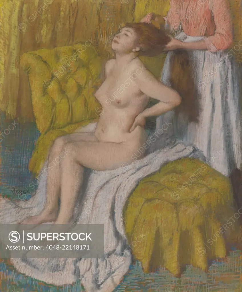 Woman Having Her Hair Combed, by Edgar Degas, 188688, French impressionist pastel drawing. Degas captured a natural pose of a women bracing her torso with her arms, as a maid pulls against her hair (BSLOC_2017_3_120)