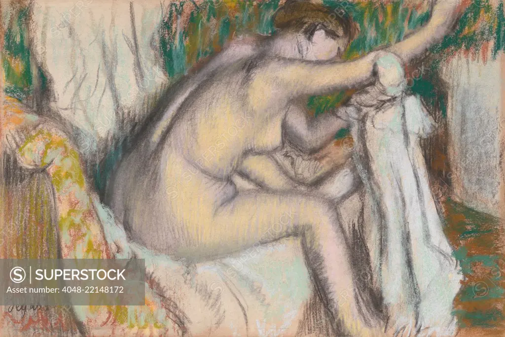 Woman Drying Her Arm, by Edgar Degas, 1888-92, French impressionist pastel and charcoal drawing. Critics attacked the ungainly poses of his bathers, comparing them negatively against the conventional graceful of Beaux Arts nudes (BSLOC_2017_3_121)