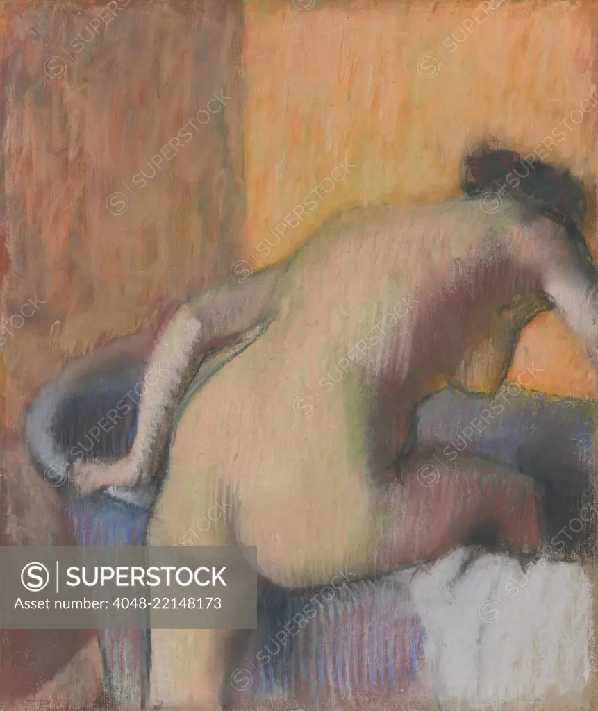 Bather Stepping into a Tub, by Edgar Degas, 1890, French impressionist pastel and charcoal drawing. This is one of seven pastels in which Degas depicted a nude entering a bath tub (BSLOC_2017_3_123)