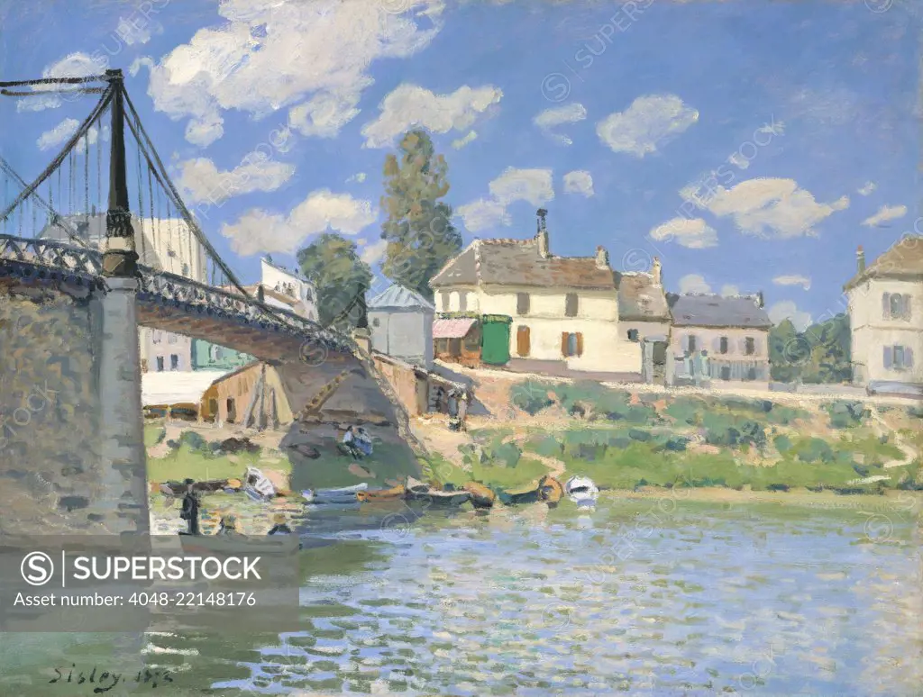 The Bridge at Villeneuve-la-Garenne, by Alfred Sisley, 1872, French impressionist oil painting. Sisley painted this modern bridge to the Paris suburb of St. Denis in a light palette with flat brushstrokes depicting reflections on the water (BSLOC_2017_3_126)