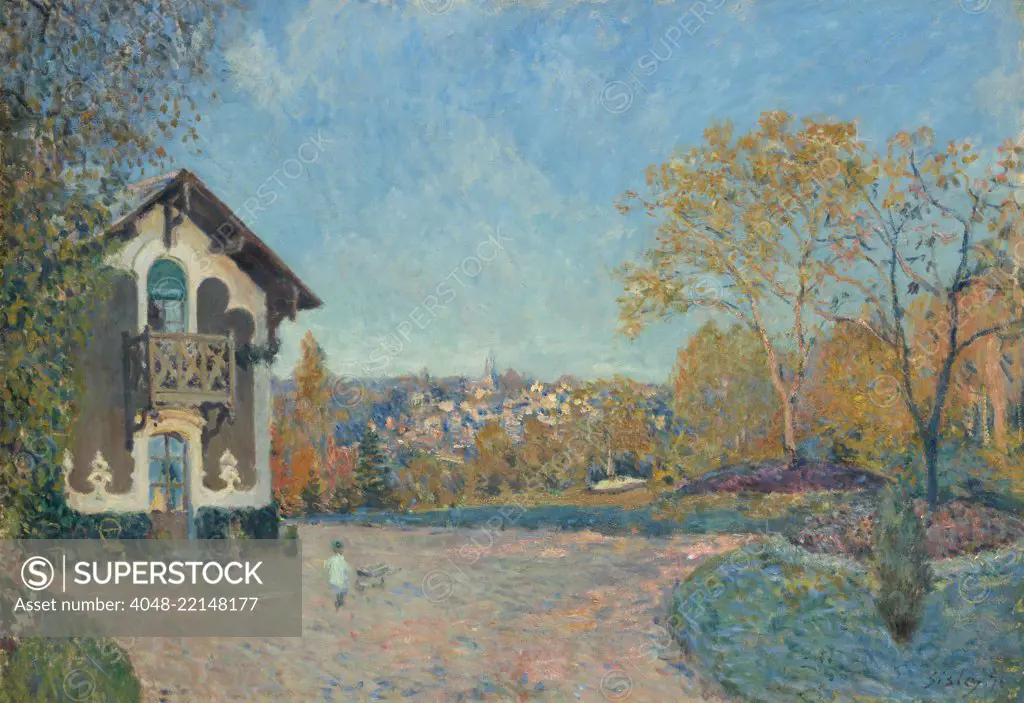 View of Marly-le-Roi from Coeur-Volant, by Alfred Sisley, 1876, French impressionist oil painting. Sisley's use of complementary colors of blue and orange enliven this unconventionally composed landscape (BSLOC_2017_3_127)