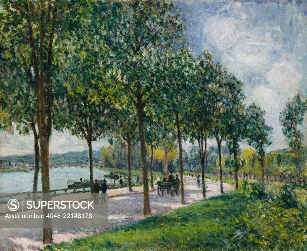 Alley of Chestnut Trees, by Alfred Sisley, 1878, French impressionist painting, oil on canvas. In Sevres, Sisley painted this view of a curved roadway along the Seine River lined with chestnut trees (BSLOC_2017_3_128)